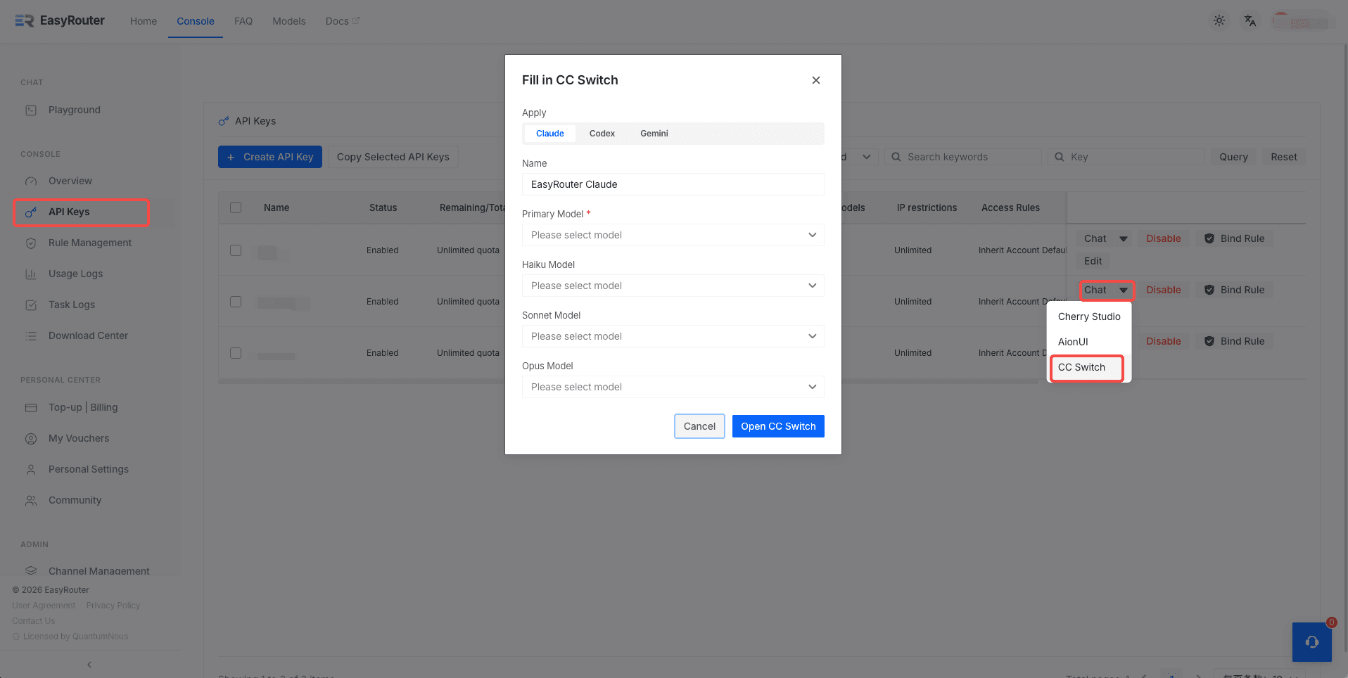 CC Switch Configuration Dialog