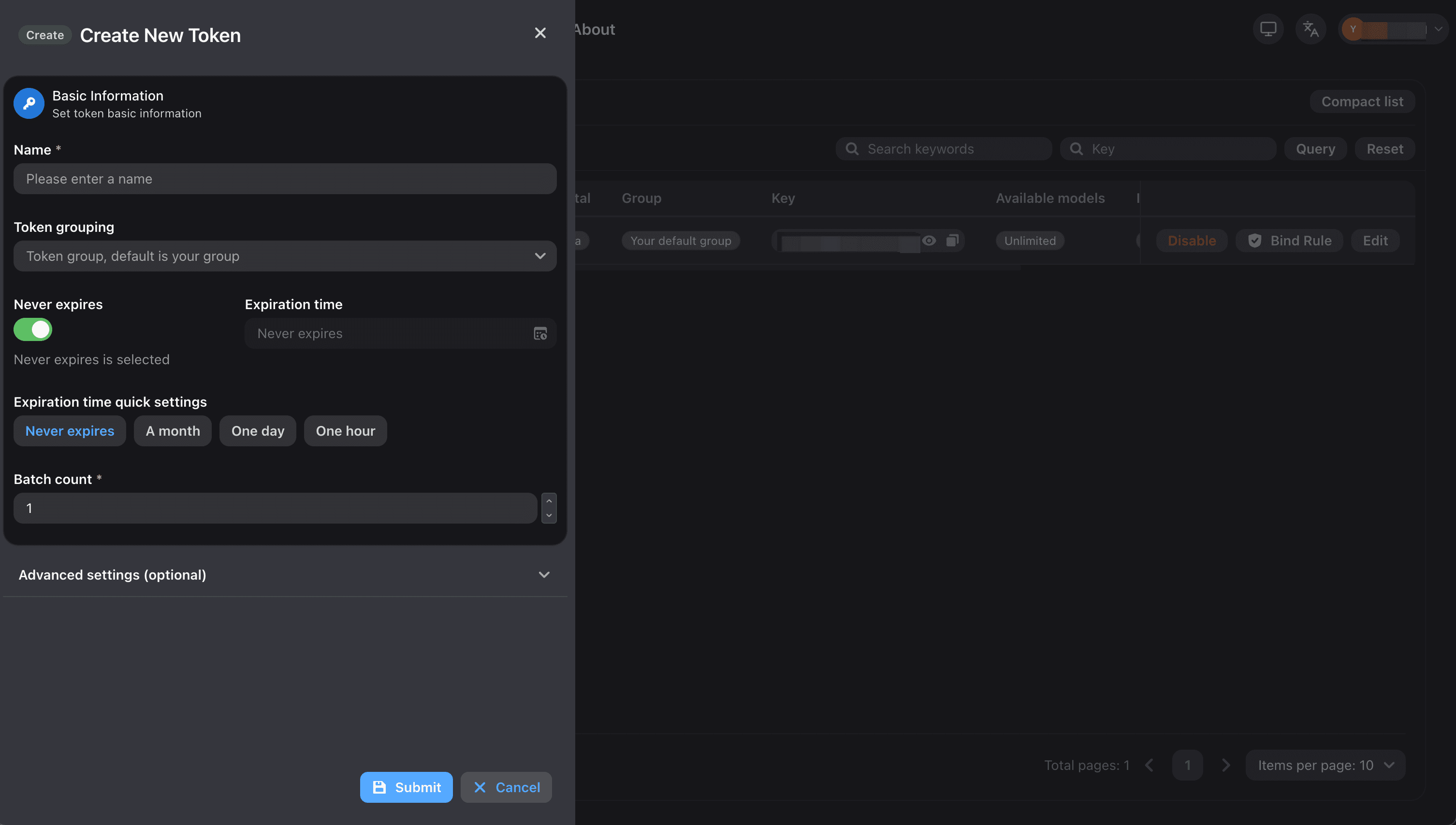 Create Token dialog