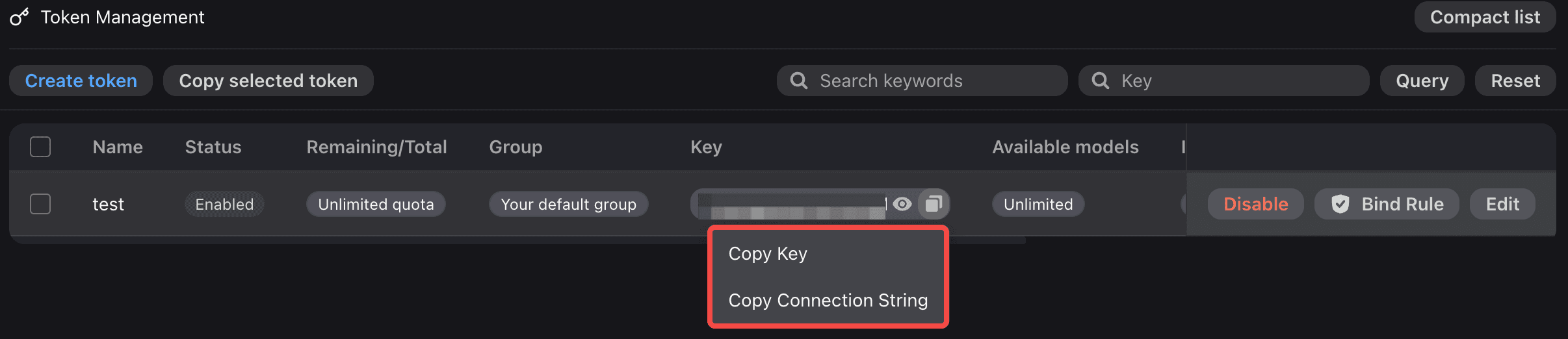 Copy Base URL and API Key from the token list